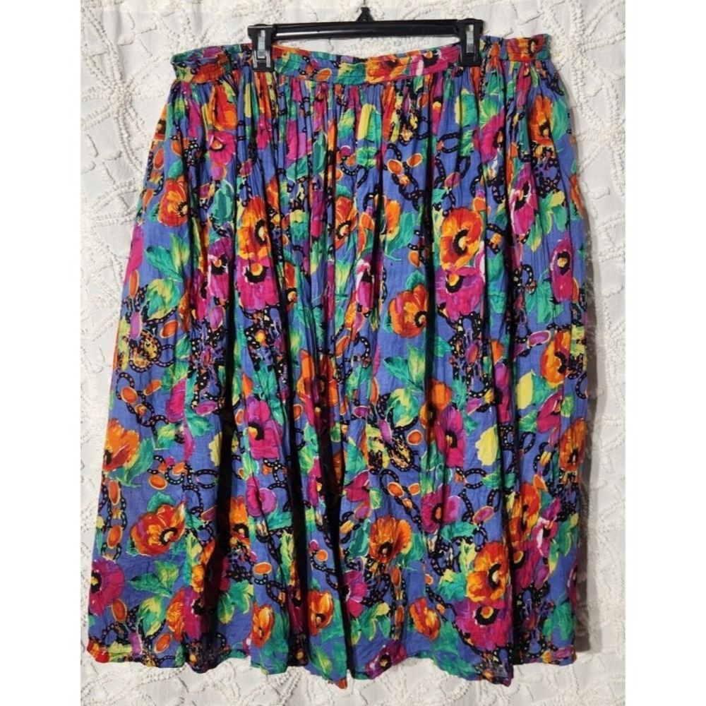 Vintage More Boom Womens Floral Midi Skirt Size 14 Multicolor Pull‎ On Boho Full